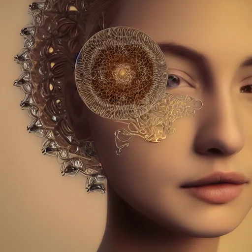 Image similar to beatifull frontal face portrait of a woman, 150mm, chromatic aberration, mandelbrot fractal, intricate, elegant, highly detailed, ornate, ornament, sculpture, elegant , luxury, beautifully lit, ray trace, octane render in the style of peter Gric and alex grey