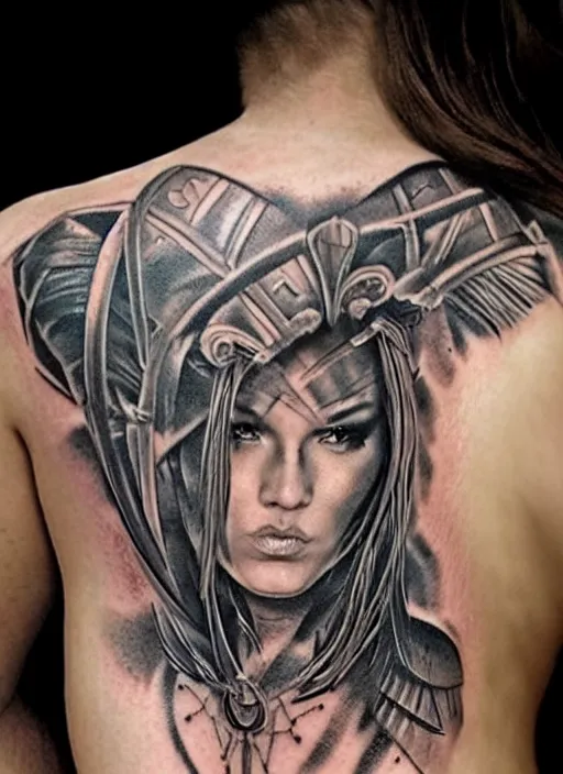 Image similar to tattoo design of a hyper - realistic beautiful girl warrior, hyper detailed, in the design of eliot kohek, white background