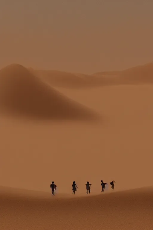 Prompt: Silhouettes of human figures, caravan on a high dune in the desert before a sandstorm, highly detailed, dusty and dark, hyper-realistic environment,Epic concept art. Octane render and Unreal Engine