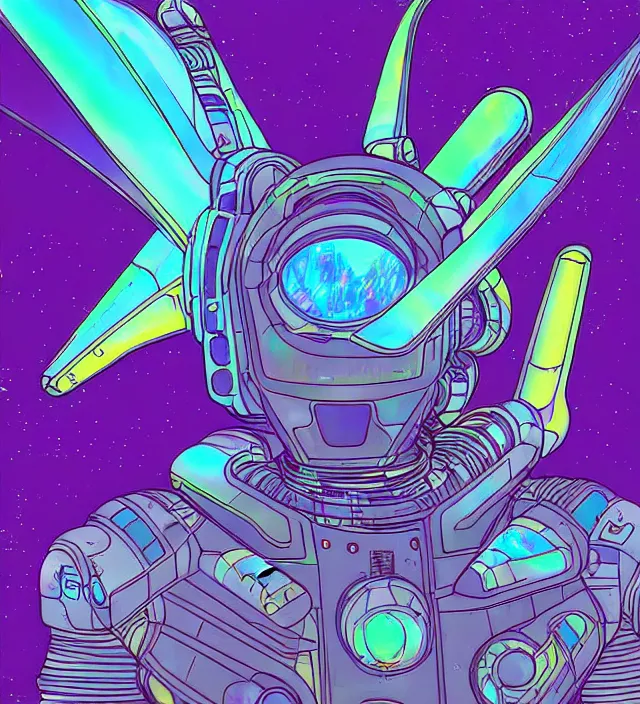 Image similar to a portrait of a mecha dragon in a iridescent intricate spacesuit, digital art, 4 k, synthwave color palette, galactic background, vintage sci - fi soft grainy, inspired moebius, inspired by tim white, in the style of studio ghibli