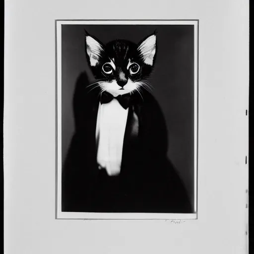 Prompt: a portrait photo of a kitten wearing a tuxedo by edward weston, auto graflex, 2 1 0 mm ƒ / 6 4 zeiss tessar, agfa isopan iso 2 5, pepper no. 3 5, 1 9 3 0, high quality photo, highly detailed, studio lighting, fine - art photography, tack sharp