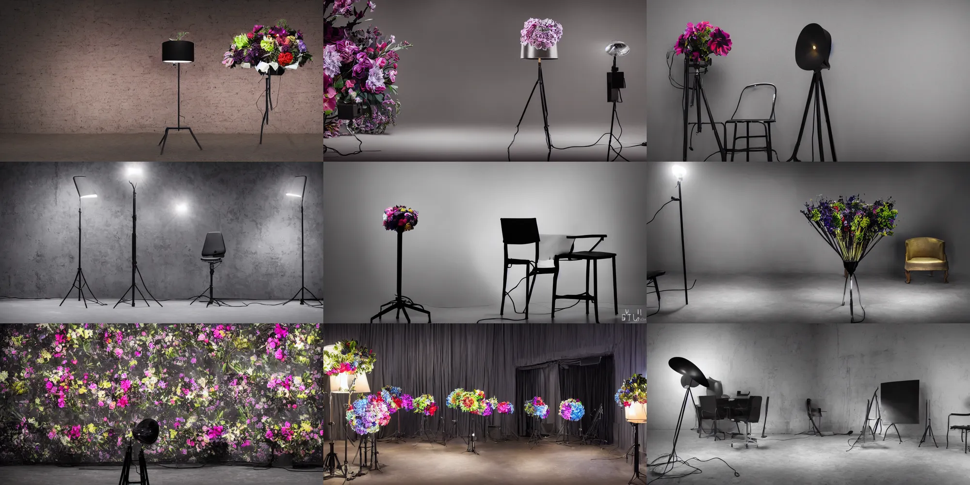 Prompt: detailed studio photograph, wide angle, dark background! pitch black! studio setting, darkness, high quality, elegance, tv production, pitch black background, single chair, standing lamp luxury, famous designer lamp, single chair, tall colorful flower bouquet oppulent