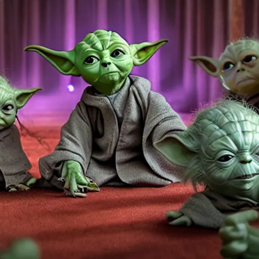 Image similar to Yoda surrounded by evil killer dolls 8k hdr movie still