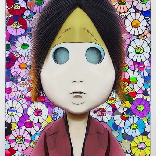 Prompt: melancholic by takashi murakami. the illustration is an abstract portrait of a woman. the woman's face is divided into two halves, one half is black & the other is white. the woman's eyes are large & staring. the illustration is full of energy & movement.