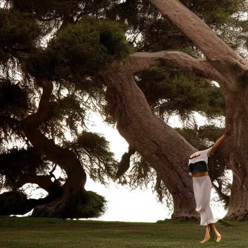 Prompt: minimal illustration of a girl dancing near an old strong tall green persian cypress tree in wind