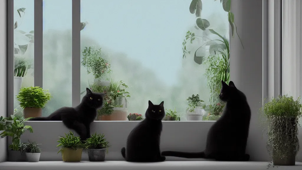 Image similar to peaceful dreamy matte painting of a content black cat sitting by a window and looking outside, sunshine coming through the window, small plants on the window sill, 8k, hyper realism, trending on artstation, octane render