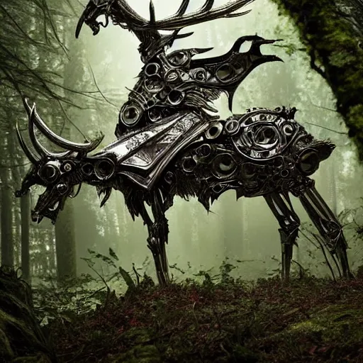 Prompt: chrome stag made of corvette parts in a lush forest :: moody, ornate, dynamic, particulate, intricate, elegant, highly detailed, centered, artstation, smooth, sharp focus, octane render