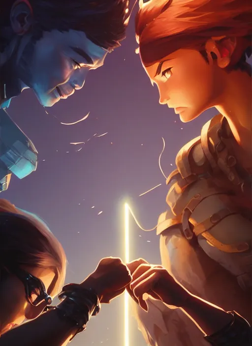 Image similar to highly detailed portrait of fist bump in front of swords, lightning in background, video game cover art,, unreal engine, fantasy art by greg rutkowski, loish, rhads, makoto shinkai and lois van baarle, ilya kuvshinov, rossdraws, tom bagshaw, global illumination, radiant light, detailed and intricate environment