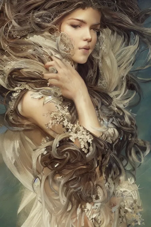 Image similar to portrait of everything, long hair, fantasy, elegant, intricate, full frontal shot, highly detailed, digital painting, artstation, concept art, sharp focus, illustration, art by artgerm and greg rutkowski and alphonse mucha