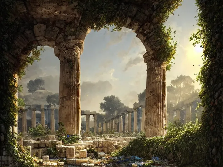 Image similar to tree growing in ancient greek ruins, gray wasteland, many scrap cars, plastic waste, rubble, pillars, flowers, vines, hyperrealistic, highly detailed, cinematic, single ray of golden sunlight, beautiful, cgssociety, artstation, 8 k, oil painting by greg rutkowski, by artgerm, by wlop