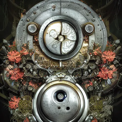 Image similar to a beautiful intricate fine art RPG portrait photo of a mechanical industrial steampunk cybernetic yin yang symbol, overgrown with morning glory flowers, montsera leaves by tom bagshaw and zach sutton, golden ratio composition, studio lighting, 50mm lens, very detailed, bionic, cybernetic scifi, deep depth of field, artstation, 8K, highly coherent