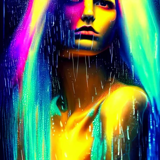 Image similar to bright asthetic portrait LSD glowing backlit rain on face and wet hair in strands, overhead lighting, fantasy, intricate, elegant, dramatic lighting, highly detailed, lifelike, photorealistic, digital painting, artstation, illustration, concept art, smooth, sharp focus, art by John Collier and Albert Aublet and Krenz Cushart and Artem Demura and Alphonse Mucha