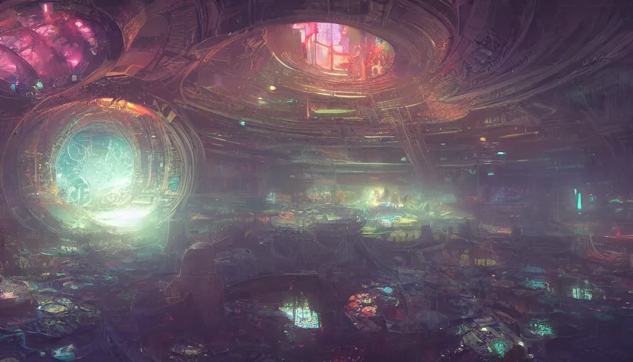 Prompt: Underwater city under a dome with neons by Craig Mullins, hyperdetailed, artstation, cgsociety, 8k