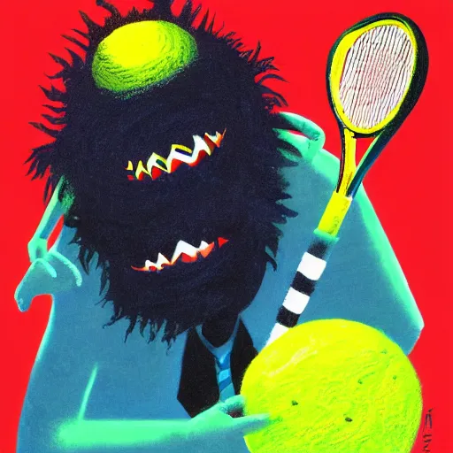 Image similar to a tennis ball monster, tennis ball, dark, chalky, Alice and wonderland, digital art, fantasy, magic, trending on artstation, ultra detailed, professional illustration by Basil Gogos