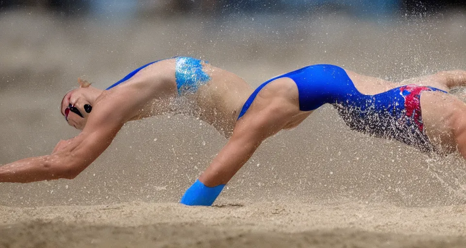 Image similar to olympic swimming in sand instead of water, extremely coherent, motion blur