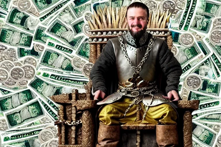 Image similar to man sitting, on a throne made of money, coins and dollars, in the style of game of thrones