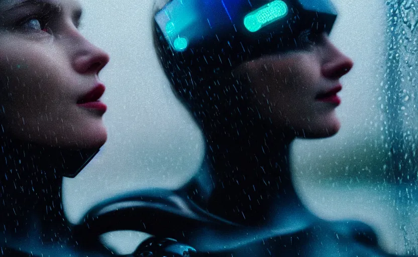 Image similar to cinestill 5 0 d candid photographic portrait by christopher nolan of two loving female androids wearing rugged black mesh techwear in treacherous waters, extreme closeup, modern cyberpunk retrofuturism moody emotional cinematic, pouring iridescent rain, 8 k, hd, high resolution, 3 5 mm, f / 3 2, ultra realistic faces, ex machina