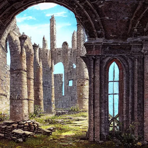 Prompt: Medieval megastructure in ruins, fantasy art