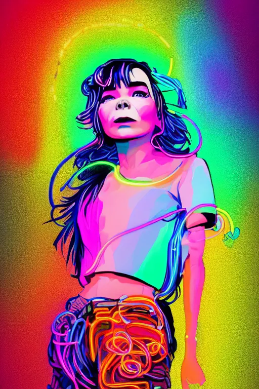 Image similar to a award winning portrait of the musician bjork, beautiful woman with stunning eyes in a one off shoulder croptop and cargo pants with rainbow colored hair, outlined by whirling illuminated neon lines and fine lines swirling in circles by ilya kuvshinov, digital art, trending on artstation