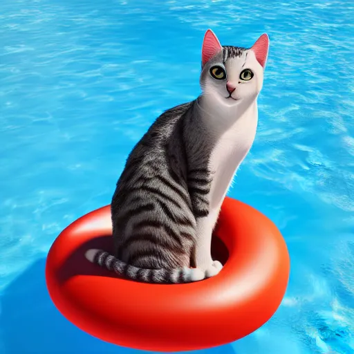 Prompt: cat sitting on a float in a pool octane render, brilliantly coloured, intricate, ultra wide angle, trending on artstation, dusk, volumetric lighting, polished, micro details, ray tracing, 8k