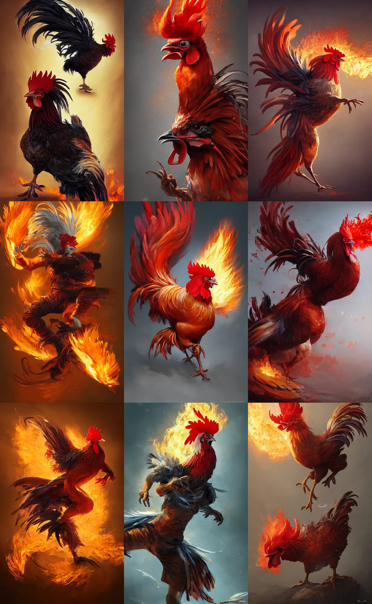 Prompt: rooster with flaming feathers, fighting kung - fu, full shot, intricate, elegant, highly detailed, digital painting, artstation, concept art, sharp focus, illustration, aleksi briclot, rutkowski