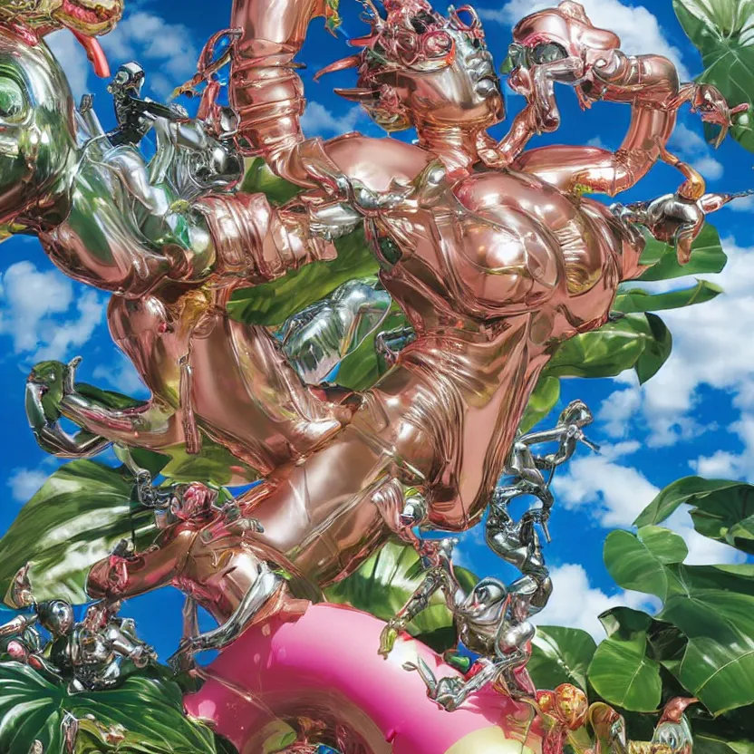 Image similar to an extreme close - up of a statue chrome cyborg lycra nymph battling a giant inflatable flamingo pool float, christmas cactus arnold schwarzenegger and monstera plants, fireworks thick smoke epic clouds, by jeff koons, hajime soryama, boris vallejo, artgerm, greg rutkowski, alphonse mucha