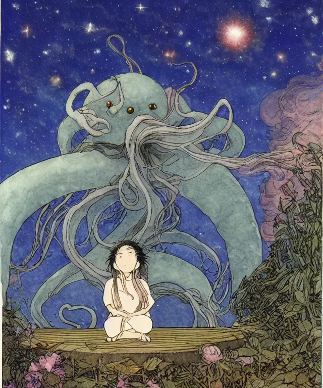 Prompt: a hyperrealist studio ghibli watercolor fantasy concept art. in the foreground is a giant long haired grey squid sitting in lotus position on top of stonehenge with shooting stars all over the sky in the background. by rebecca guay, michael kaluta, charles vess