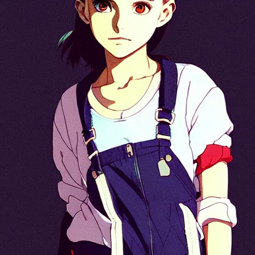 Image similar to a beautiful! boyish! natalie portman alluring gravure! model, wearing oversized mayan bomber jacket and leotard with overalls, bulky poofy bomber jacket with mayan patterns, gapmoe yandere grimdark, trending on pixiv fanbox, painted by greg rutkowski makoto shinkai takashi takeuchi studio ghibli, akihiko yoshida