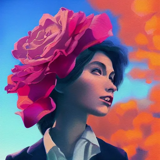 Image similar to closeup, giant rose flower head, portrait, a girl in a suit, surreal photography, sunrise, blue sky, dramatic light, impressionist painting, digital painting, artstation, simon stalenhag