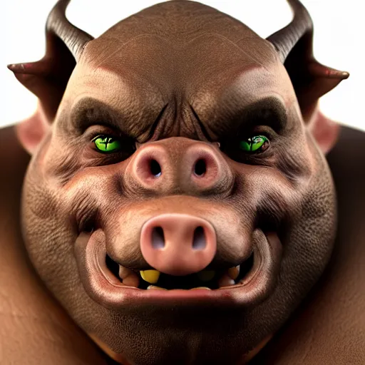 Image similar to An orc-pig smiling into the camera, portrait, artstation, realistic, highly detailed, bokeh, by Alex Flores