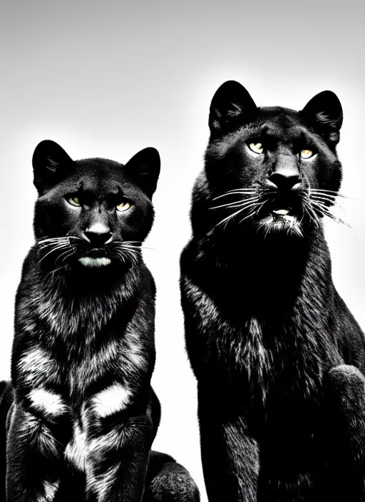 Image similar to two black panthers black and white portrait white sky in background