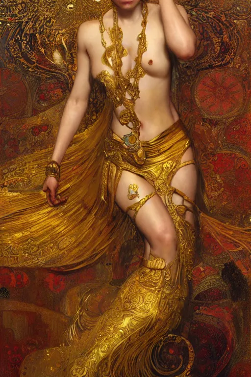 Image similar to an intricate artistic pose painting of a beautiful young goddess with an artistic sensual pose with klimt golden motives and textures, hyper detailed, ornamental gold headpiece, octane render, vivid colors, artstation, by jeremy mann, by alphonse mucha, by boris vallejo