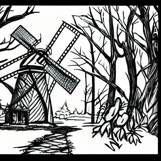 Prompt: magical forest, windmill, 1 9 2 0 s cartoon, black and white, rubber hose, fleischer studios, portrait, merry melodies, sharp focus