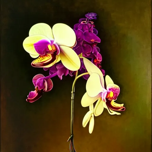 Prompt: surreal orchid hybrid, bright diffuse lighting, art by collier, albert aublet, krenz cushart, artem demura, alphonse mucha