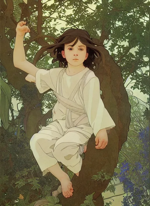 Image similar to young boy with long hair, climbing a tree, path traced, highly detailed, high quality, digital painting, by studio ghibli and alphonse mucha, leesha hannigan, hidari, art nouveau, chiho aoshima, jules bastien - lepage