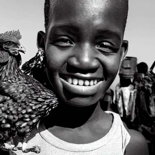 Image similar to an african boy holding a chicken from the movie tank girl, afrofuturism, by jamie hewlett and sawoozer and roger ballen,