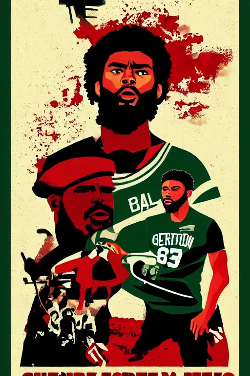Prompt: guerrillero heroico, boston celtics jaylen brown portrays che guevara as a revolutionary, 8 0's movie poster, theatrical poster, vibrant fan art, digital art, trending on artstation, minimalist