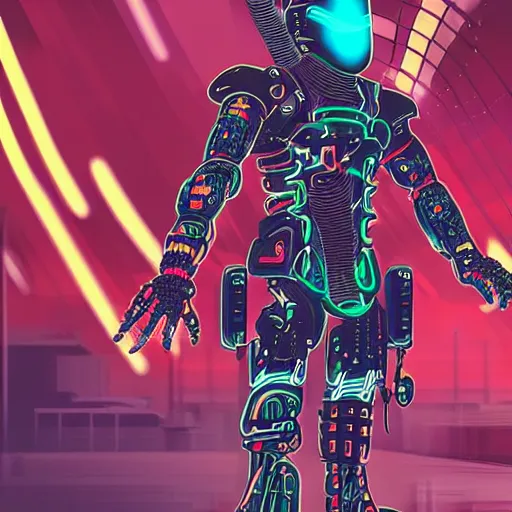 Prompt: bionic cybernetic samurai with long hair and a mechanical arm in a neon cityscape, photorealistic, very detailed, vibrant colors at night time, facing away from the camera