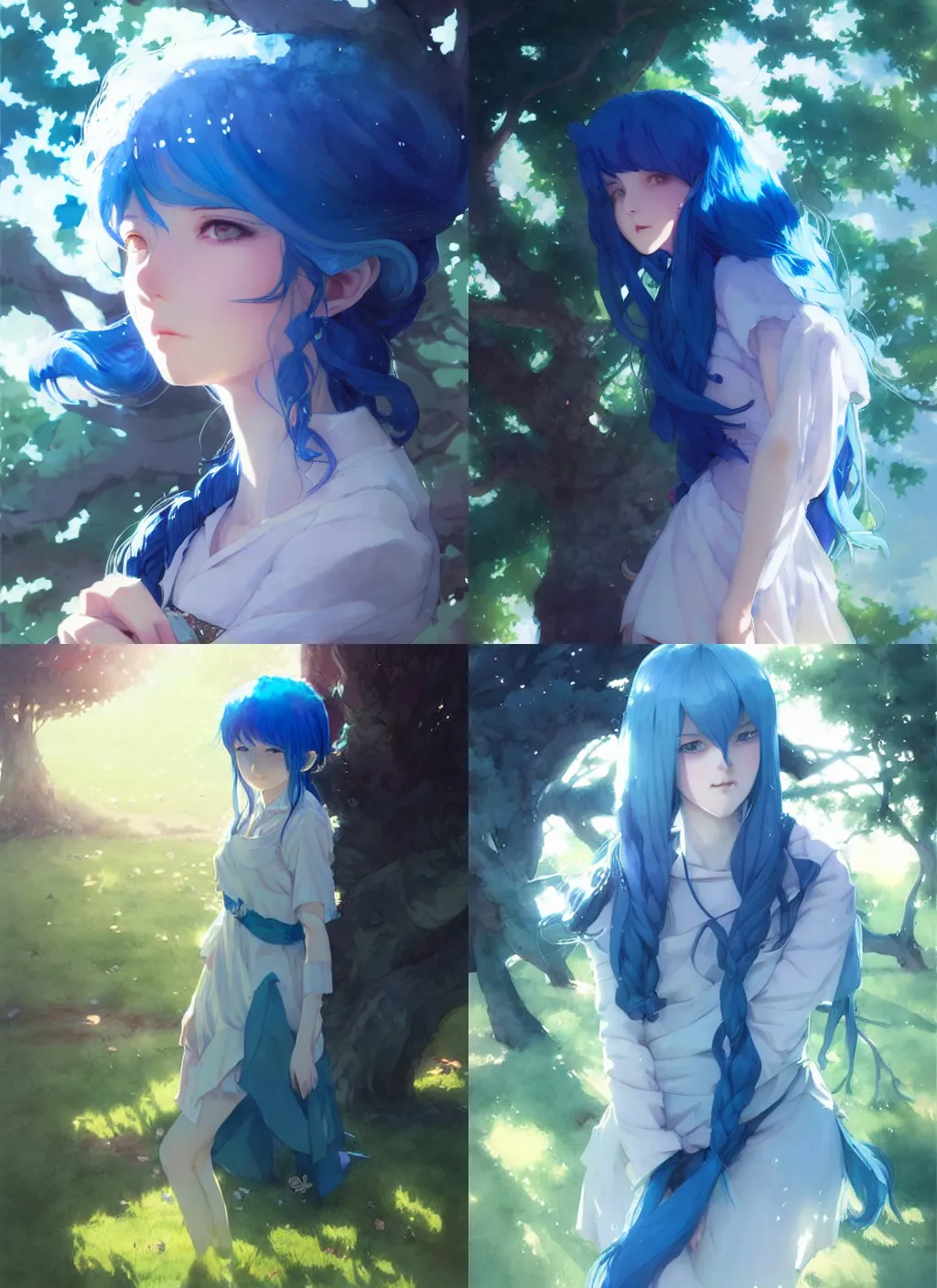 Image similar to portrait of a girl with blue hair rest under the tree, illustration, top lighting, perfect shadow, leaning towards watercolor, art by hidari and krenz cushart and wenjun lin