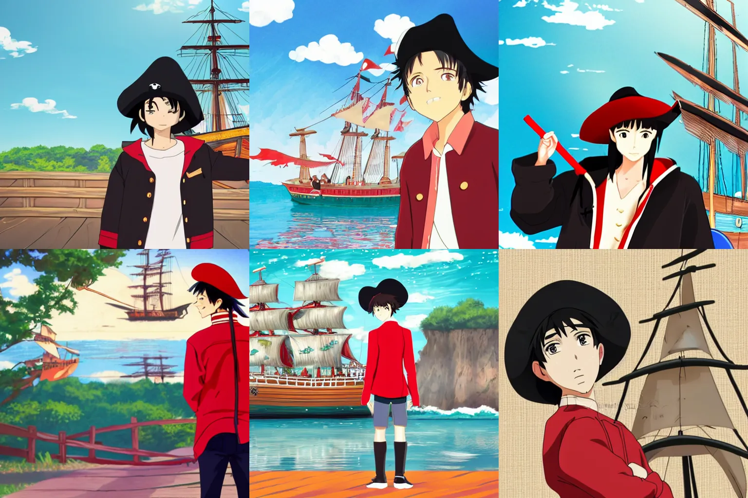 Prompt: teenager with black hair in a red jacket with a straw hat, pirate ship, anime back ground, studio ghibli