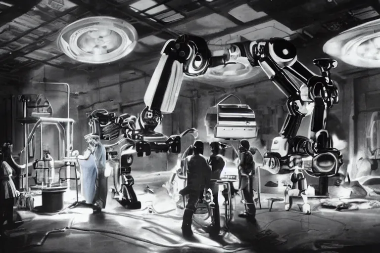 Prompt: a futuristic film studio with robot technicians preparing a scene with frightened human beings by Stanley kubrick, sci-fi, color vibe, reimagined by industrial light and magic