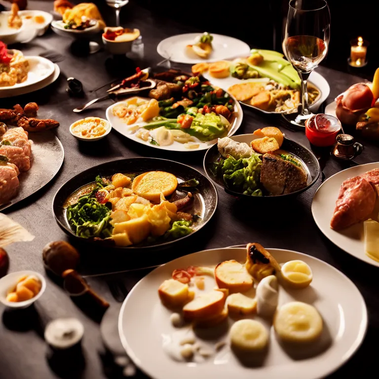 Prompt: close - up focused dslr photograph of an norwegian dinner, 8 k, high detail, volumetric lighting, hyperrealism, aesthetically pleasing, studio lighting, trending