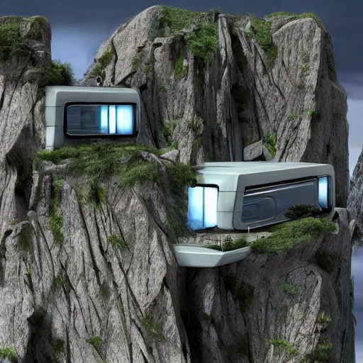 Prompt: Photo of a futuristic cybernetic house on a cliff