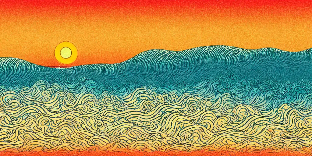 Prompt: Beautiful Impressionistic painting of an aesthetically pleasing, dynamic, energetic, lively, complex, intricate, detailed, well-designed digital art of a beach, ripples, waves, sea foam, and sunset. light and shadow, overlaid with aizome patterns, Shin-hanga style by Ohara Koson and Makoto Shinkai, traditional Japanese colors, superior quality, masterpiece, featured, trending, award winning, HDR, HD, UHD, 4K, 8K, anamorphic widescreen, cinematic, super high quality art, excellent use of negative space.