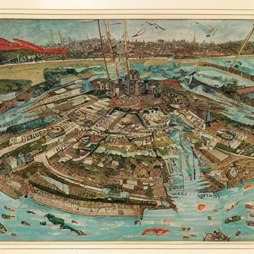 Prompt: a detailed map of a futuristic city located in a round island with a lot of vegetation surrounded by water with a few flying ships stationed around it, by egon schiele, the mexican muralist. full color, axonometric exploded view