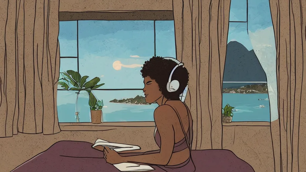 Image similar to black girl, curly hair, with headphones, studying in bedroom, window with rio de janeiro view, lo-fi illustration style, digital art, alive colors