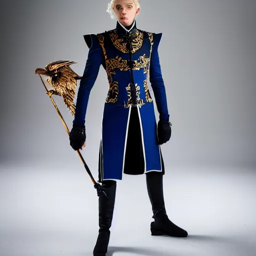 Image similar to low angle upper view of Austin Butler dressed in futuristic-baroque prussian blue duelist-garb and nanocarbon-vest and greaves with Griffin-Ram heraldry emblem, standing in an arena in Dune 2020, XF IQ4, f/1.4, ISO 200, 1/160s, 8K, RAW, unedited, symmetrical balance, face in-frame