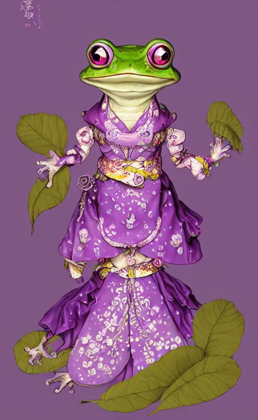 Image similar to cute purple female frog in enchanted rococo hanbok, full character, concept art, trending on artstation, in the style of alexander mcqueen, alexander jansson, jean - baptiste monge, george frederic watts