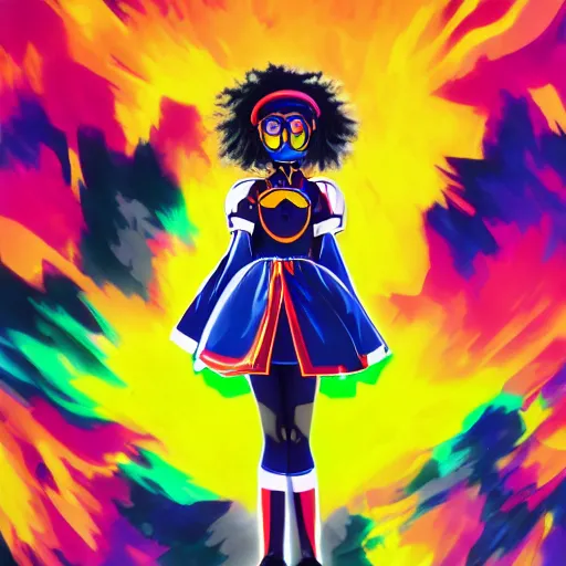 Image similar to : extremely beautiful photo of a black spandex anime girl with colorful skateboard logos all over helmet with closed visor, colorful hyperbolic background, fine art, sailor moon, neon genesis evangelion, virgil abloh, offwhite, denoise, highly detailed, 8 k, hyperreal