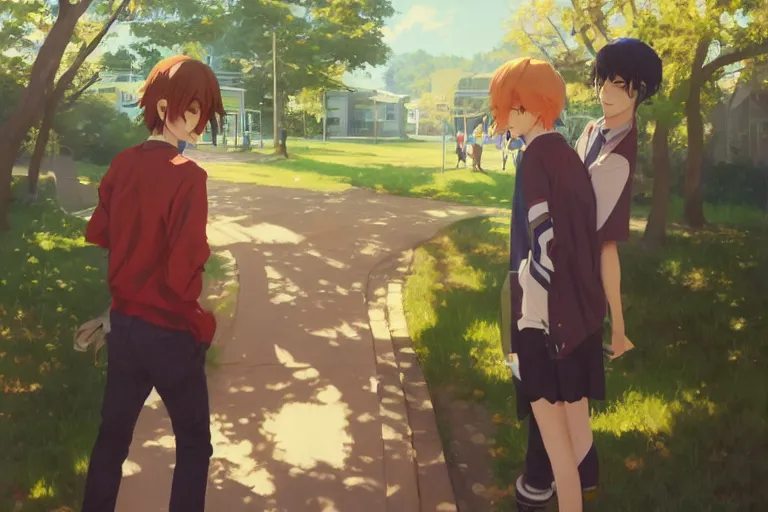 Image similar to boy's love anime high school scene spring noon setting, high detail concept art, perfect proportions good looking face, realistic shaded lighting poster ilya kuvshinov, katsuhiro, jeremy lipkin and michael germash, makoto shinkai, loish and clamp style, trending on art station, best selling artist